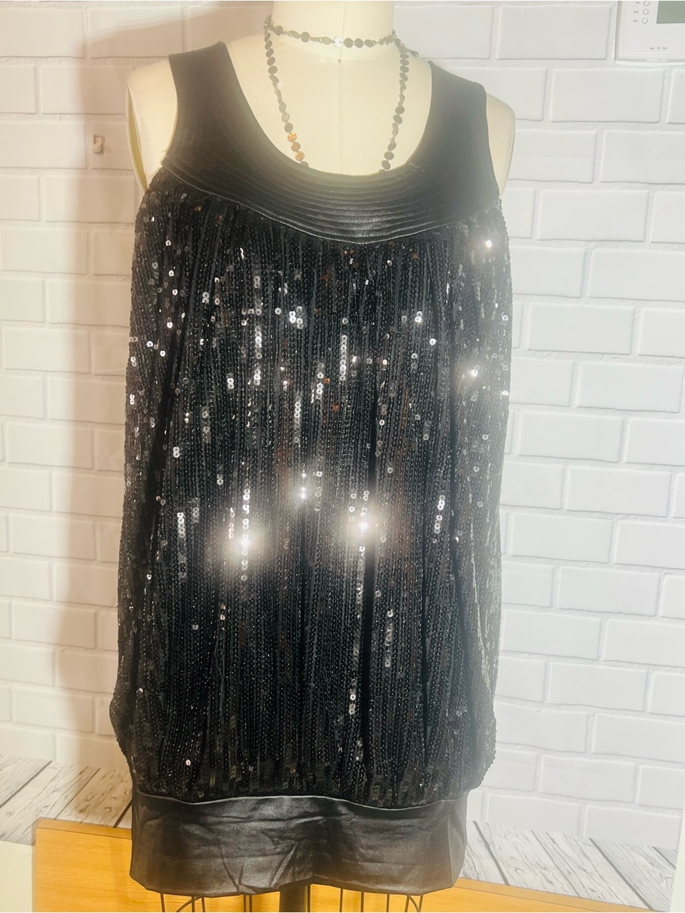 Black Sequin Tank Top with Faux-Leather Trim